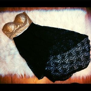 Gold sparkle crop top black high low lace skirt